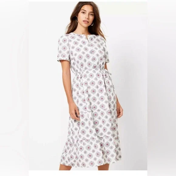 Loft Medallion Side Tie Midi Dress Size 16 White Women's